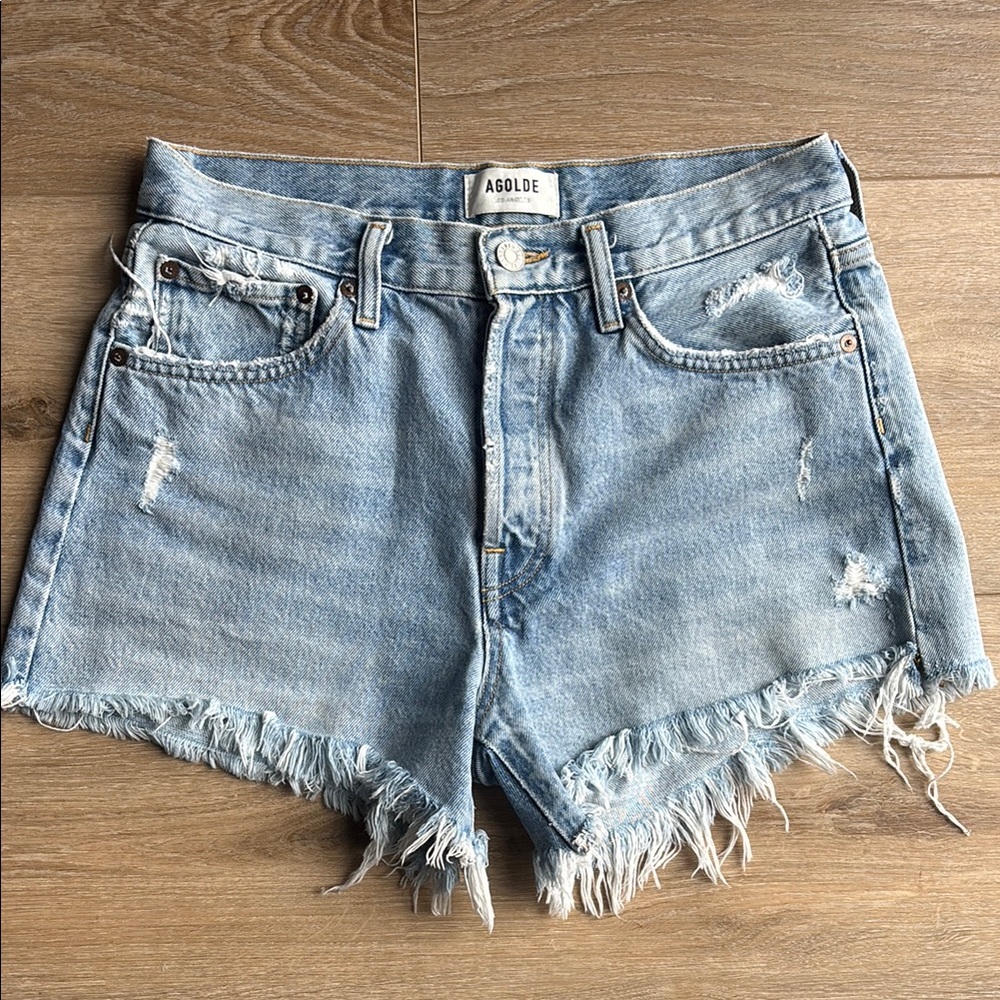 Agolde Parker Long High-Waisted Cutoff Denim Shorts 27